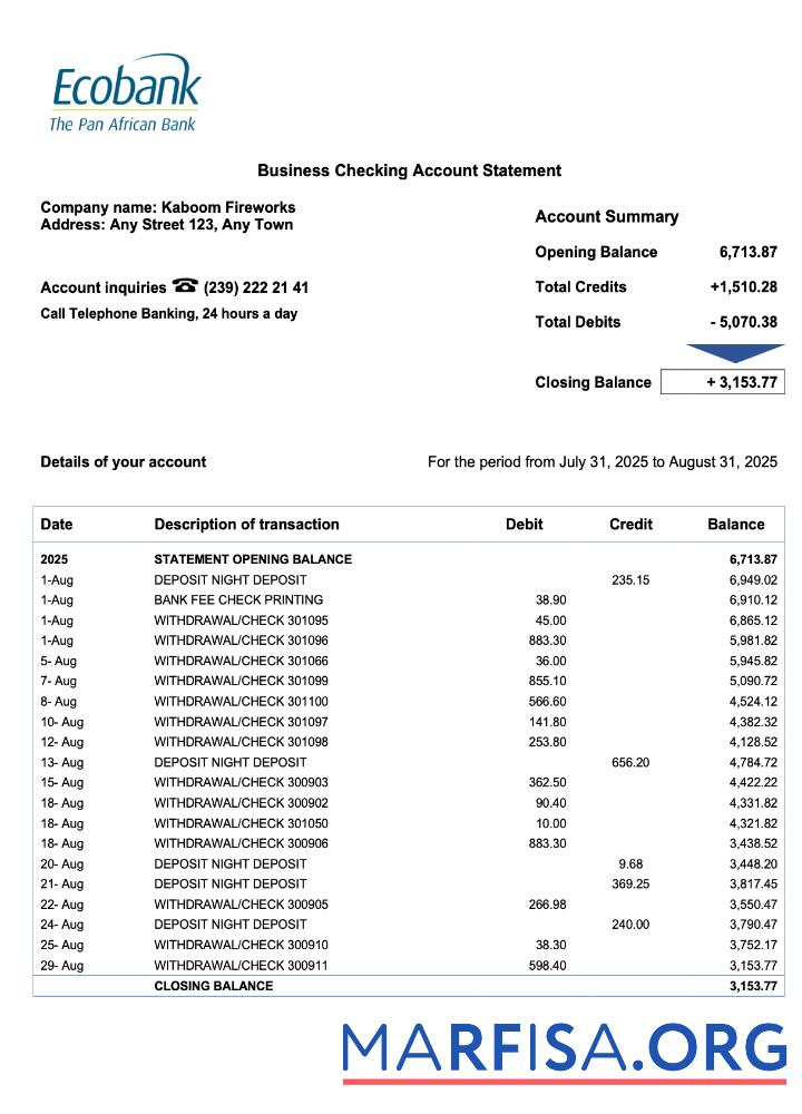 Printable Senegal Ecobank enterprise account statement Word and PDF template